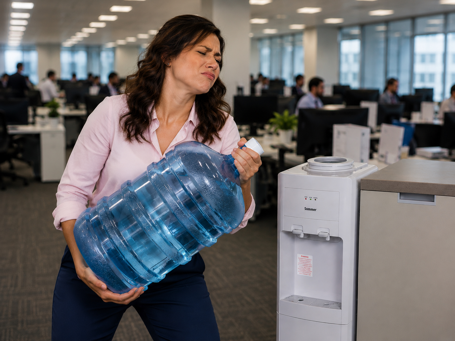 Trabajadora de oficina forcejeando con un garrafón vacío